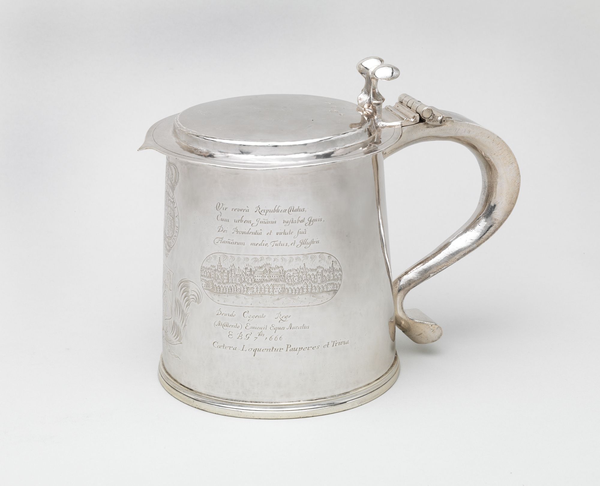 Tankard engraved with scenes of the Great Plague and the Great Fire of London by I N