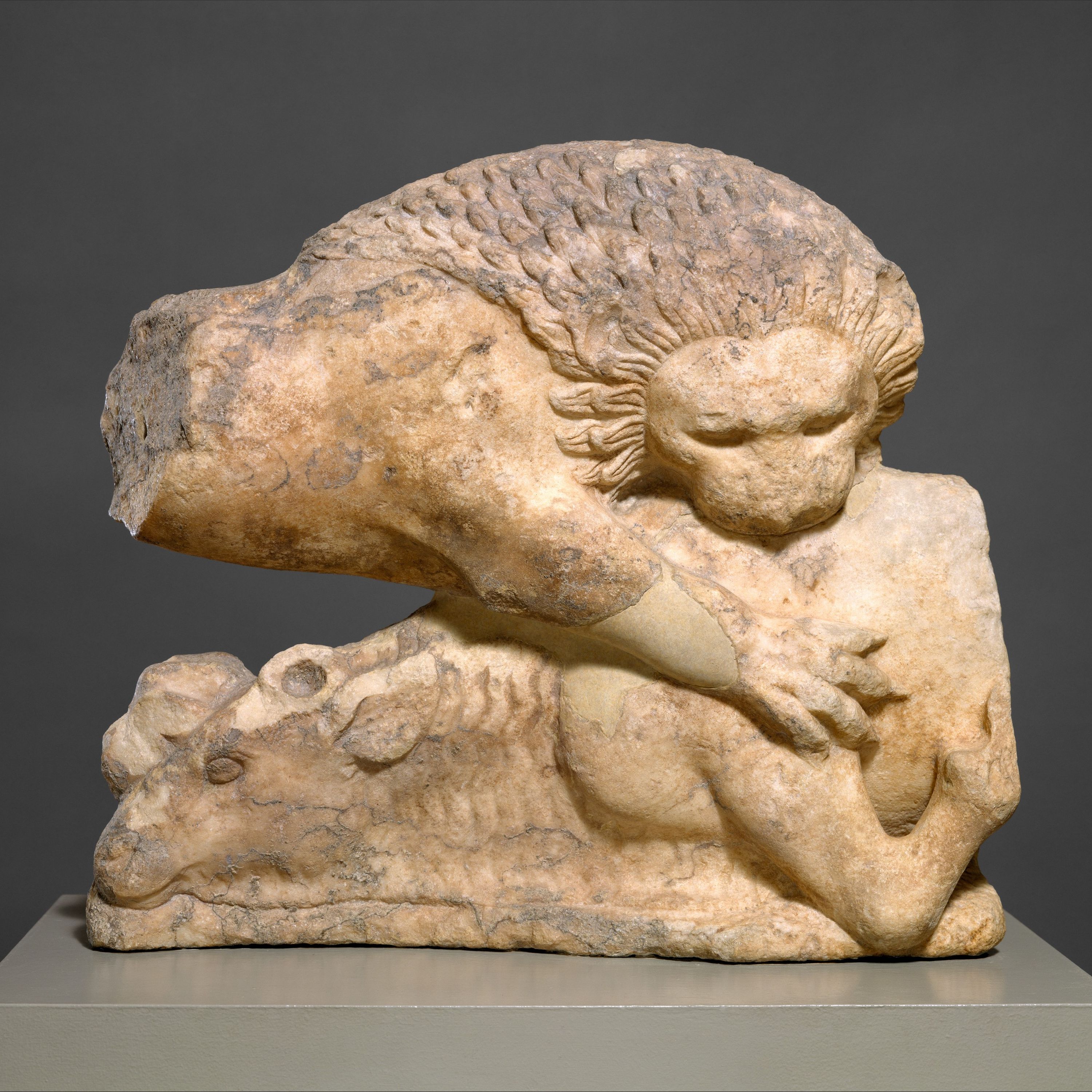 Lion felling a bull, from a marble pediment