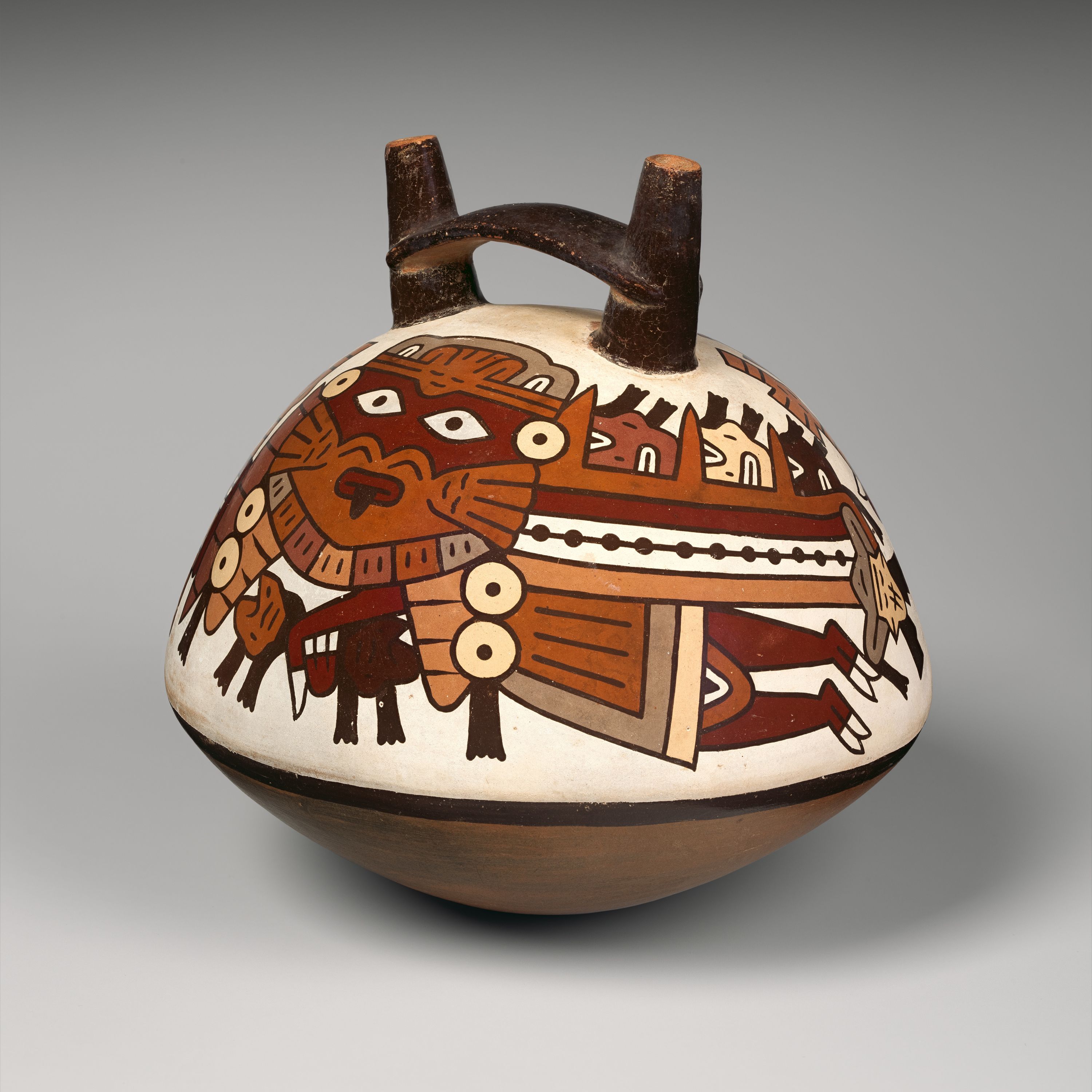 Double-spout bottle with flying figure by Nasca artist(s)