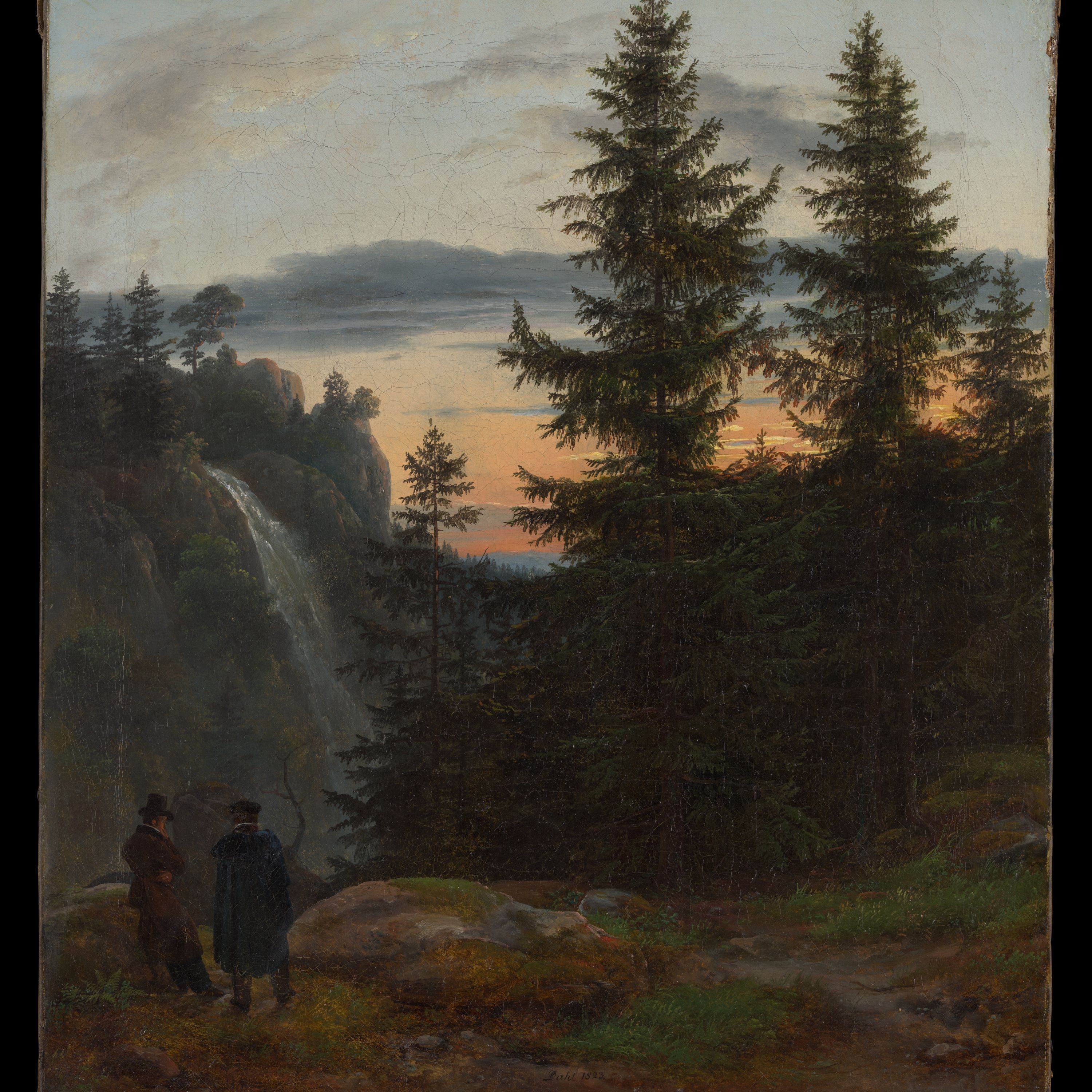 Two Men before a Waterfall at Sunset by Johan Christian Dahl