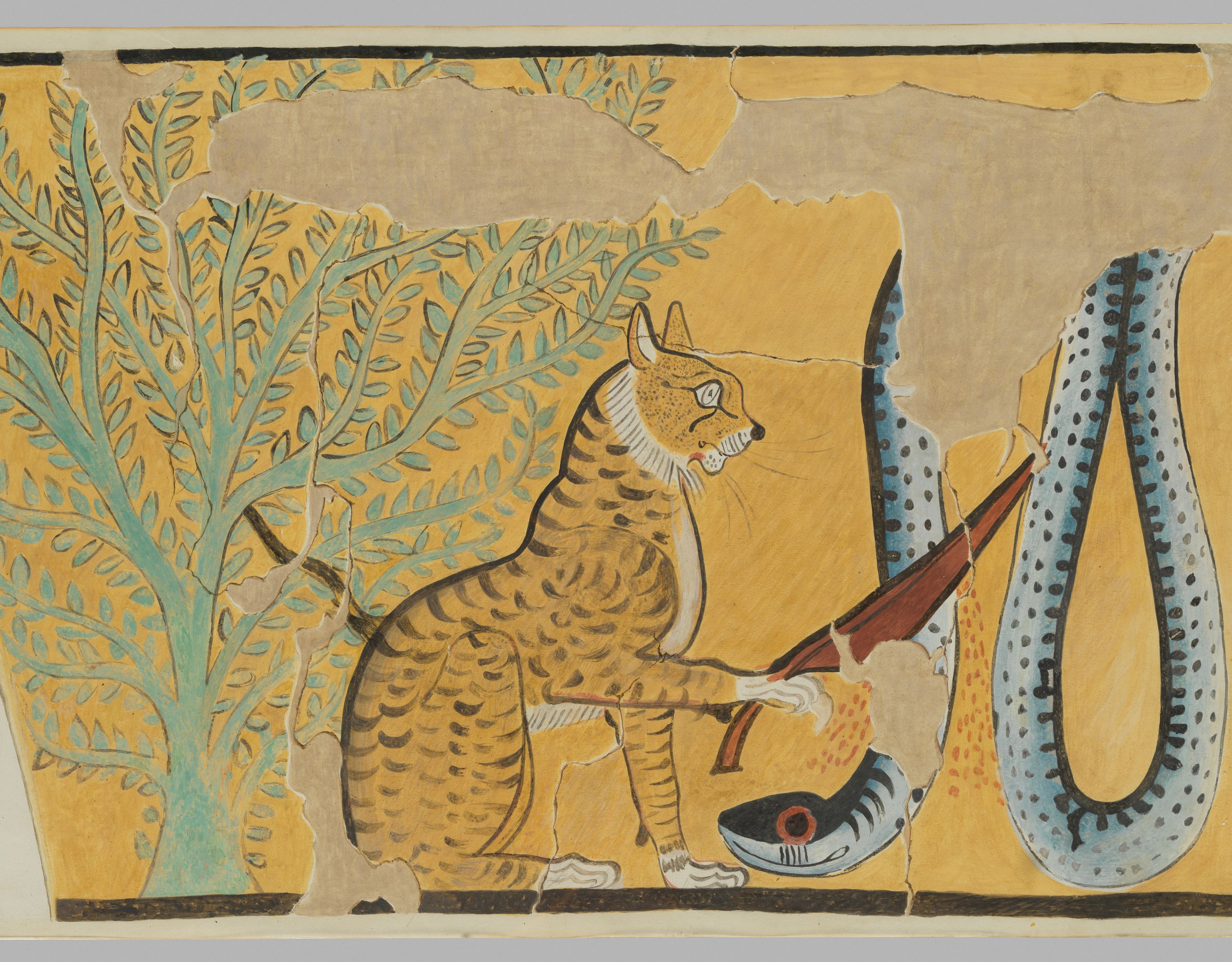 Wall painting of a cat killing a serpent by Charles K. Wilkinson