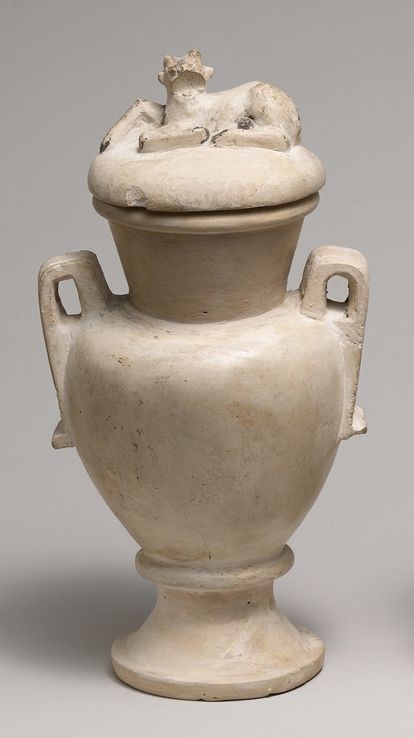 Two Handled Jar and Lid decorated with a Resting Ibix Calf