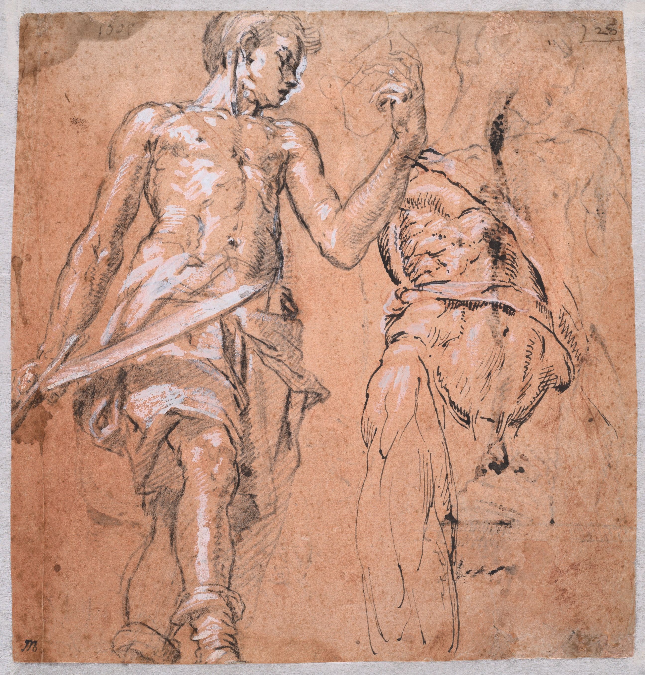Two studies of a Standing Man with a Sword (Alexander the Great); verso: Studies of a Leg, an Arm, a Hand, and a Figure's Neck by Peter Candid (Pieter de Witte, Pietro Candido)