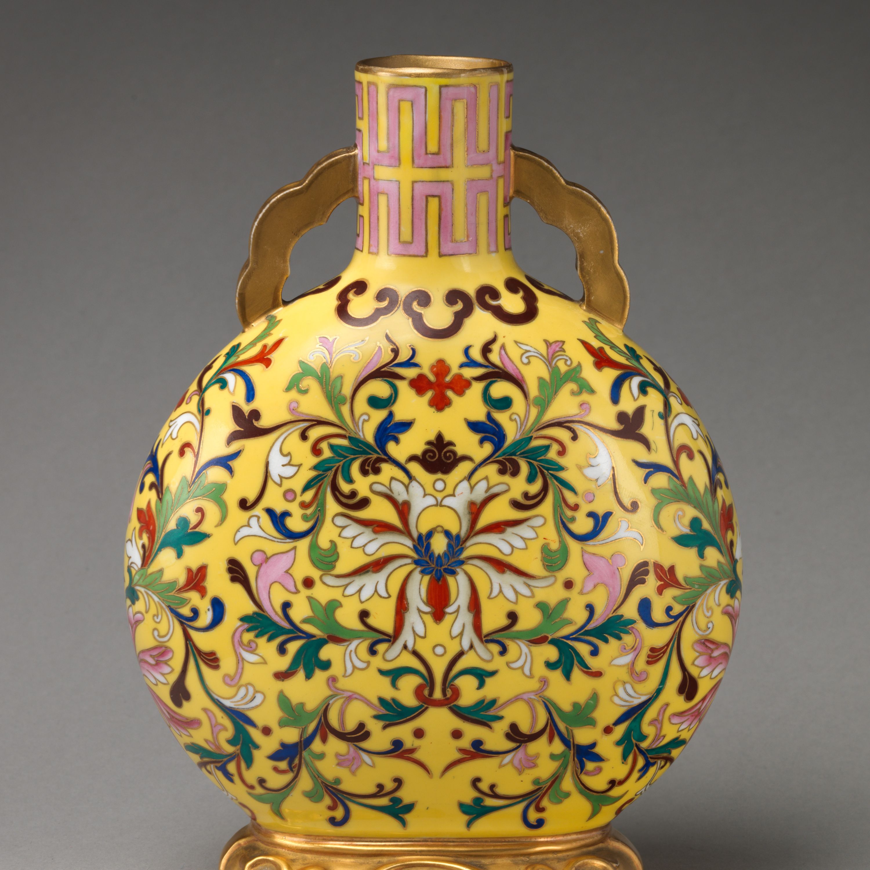 Yellow moon flask with "cloisonné" decoration by Worcester factory